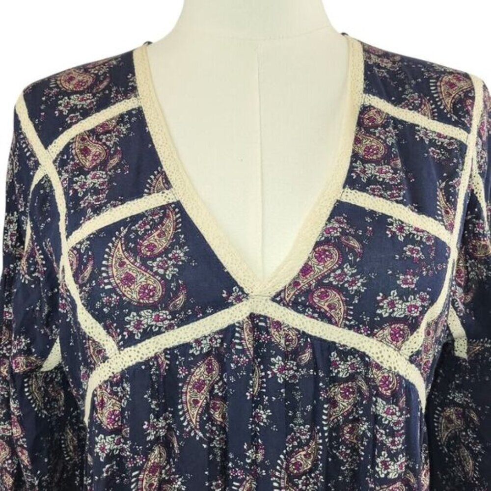 POL NEW Small Maxi Dress Cotton Blue Red Paisley Crochet Trim Vintage BOHO Style - Picture 9 of 16